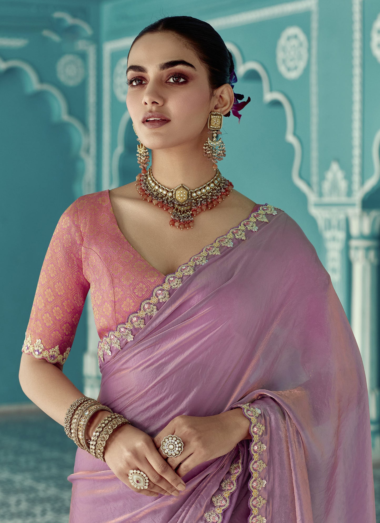 Purple Glass tissue Organza & Crush Moti Embroidered Festive Amber Saree