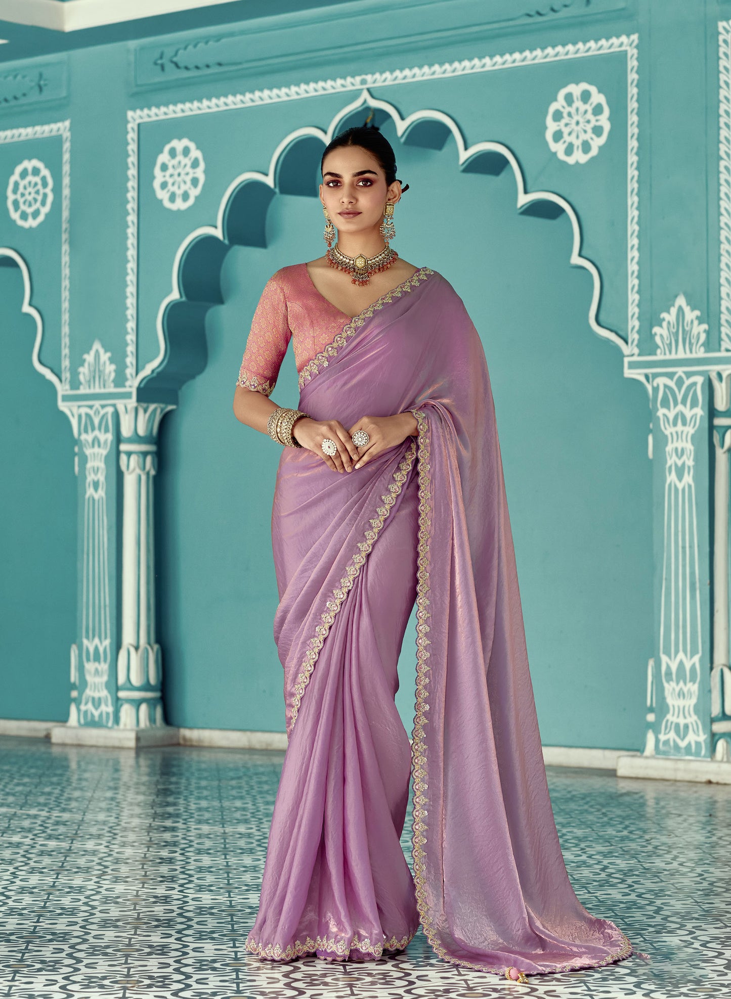Purple Glass tissue Organza & Crush Moti Embroidered Festive Amber Saree