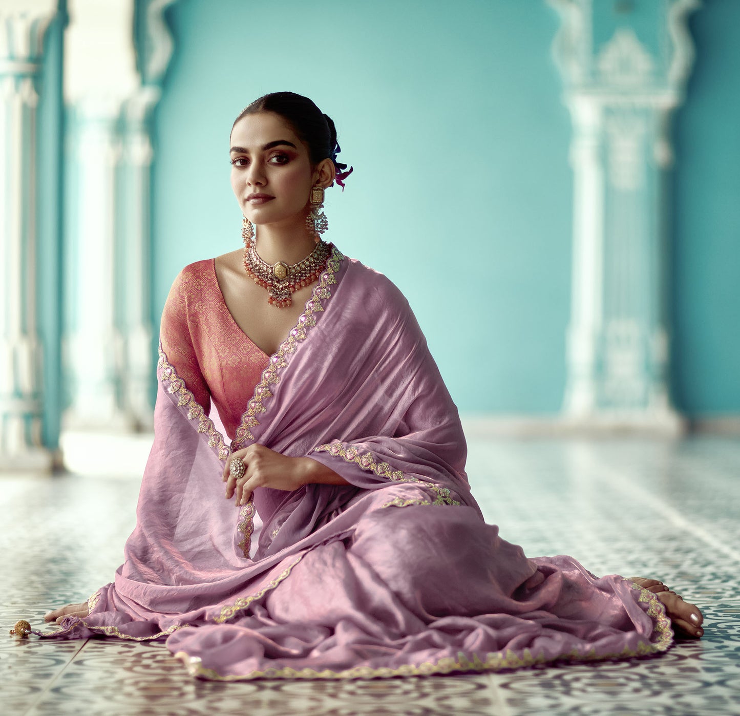 Purple Glass tissue Organza & Crush Moti Embroidered Festive Amber Saree