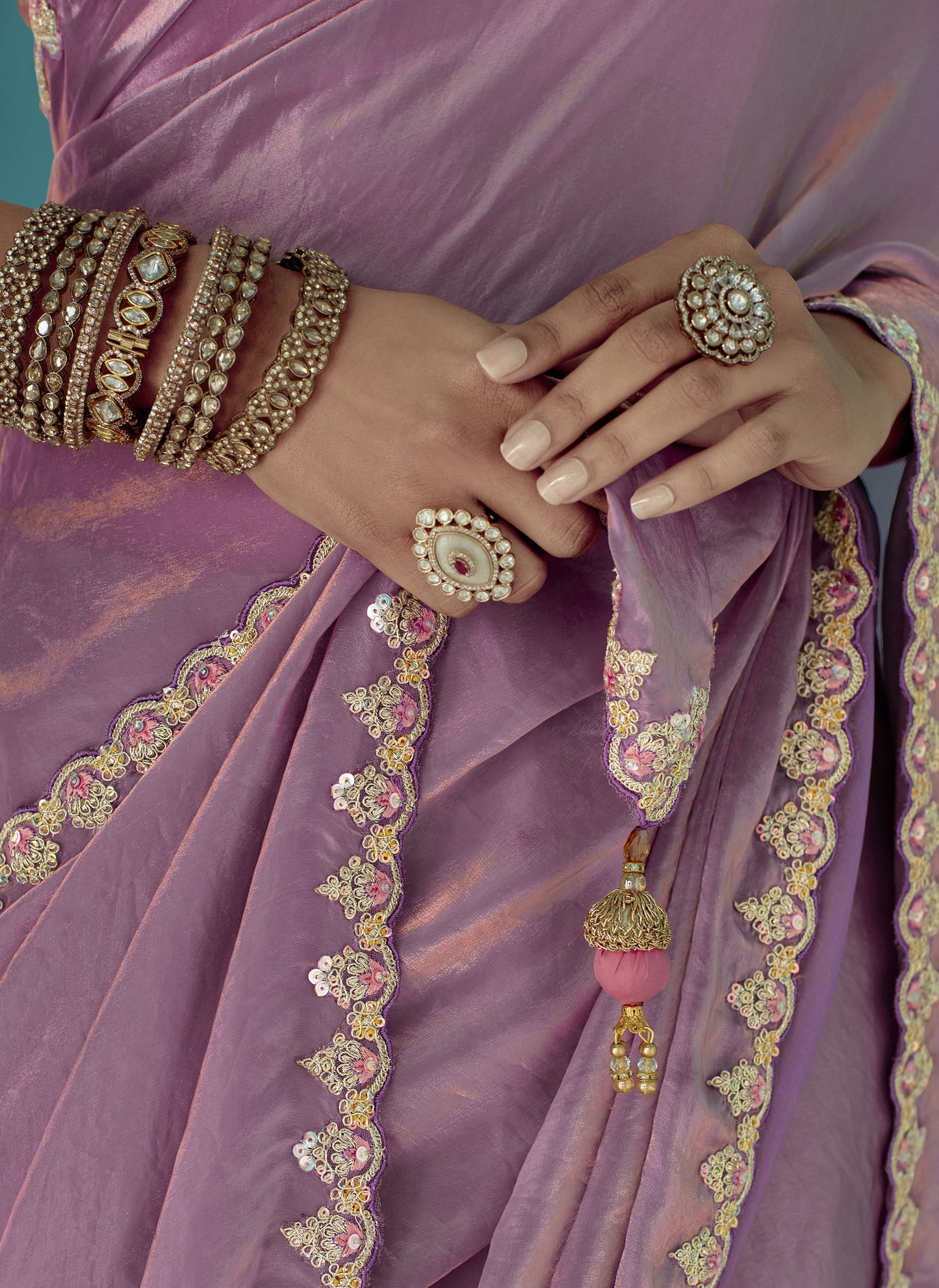 Purple Glass tissue Organza & Crush Moti Embroidered Festive Amber Saree