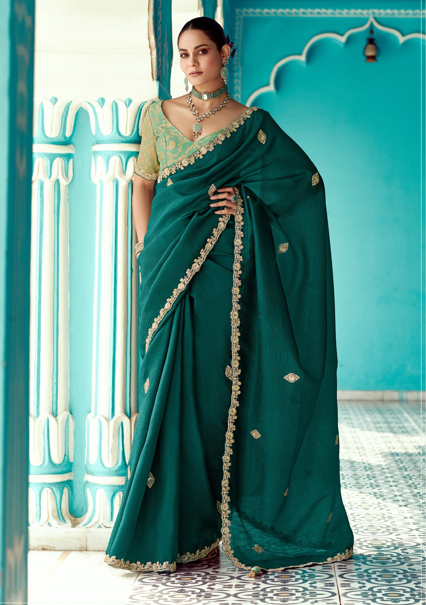 Bottle Green Glass tissue Organza & Crush Moti Embroidered Festive Amber Saree