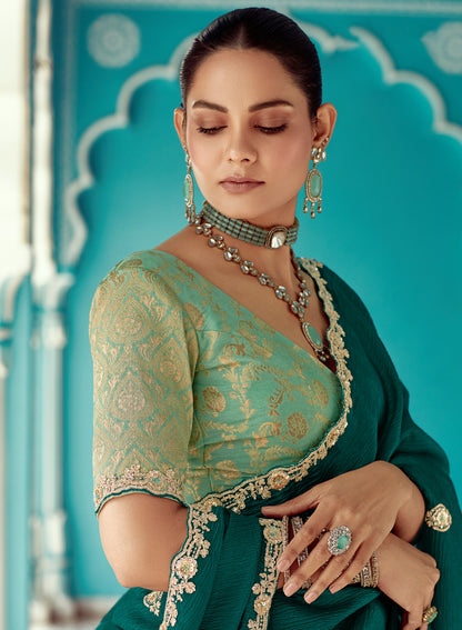 Bottle Green Glass tissue Organza & Crush Moti Embroidered Festive Amber Saree