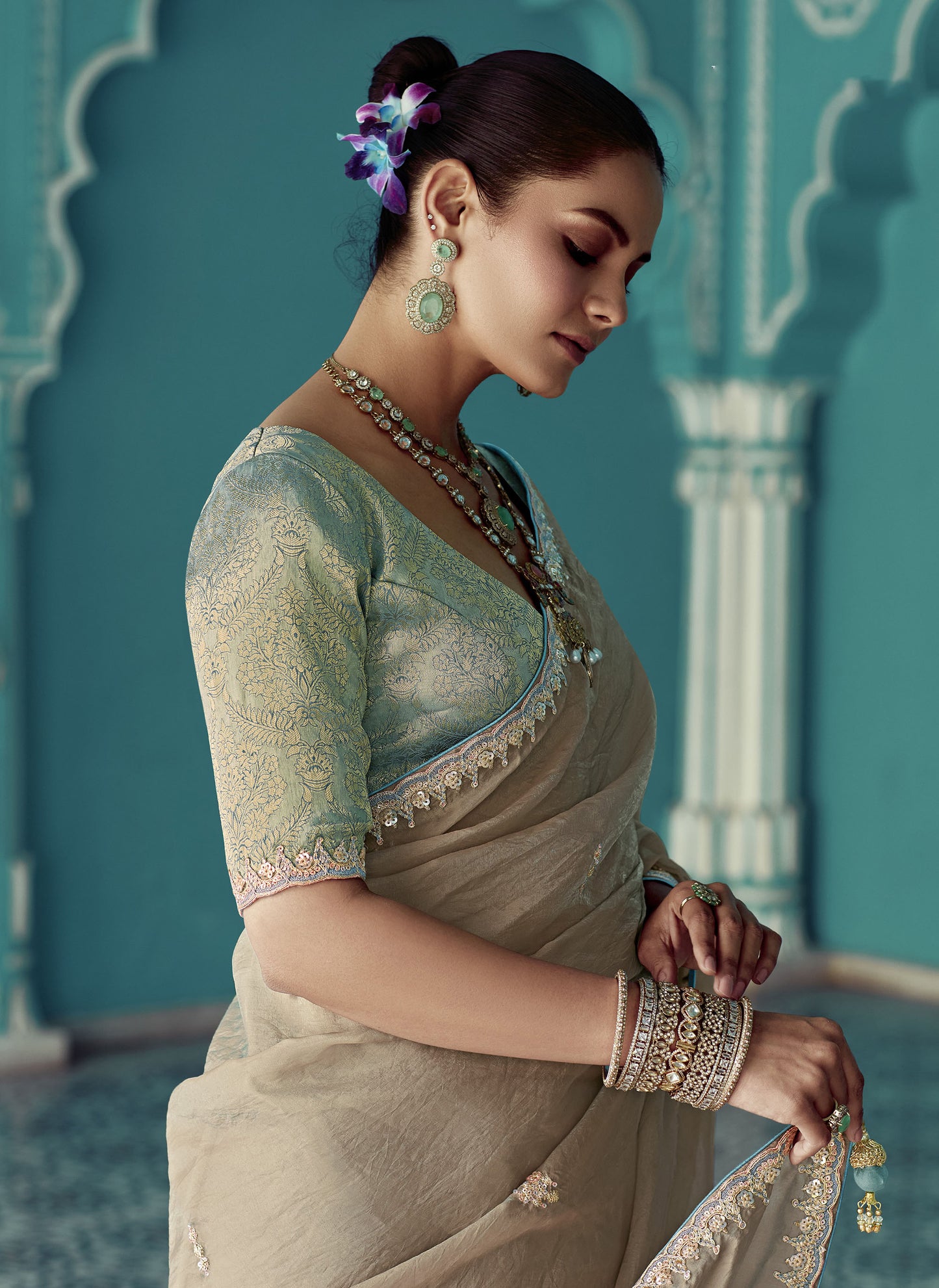 Grey Glass tissue Organza & Crush Moti Embroidered Festive Amber Saree