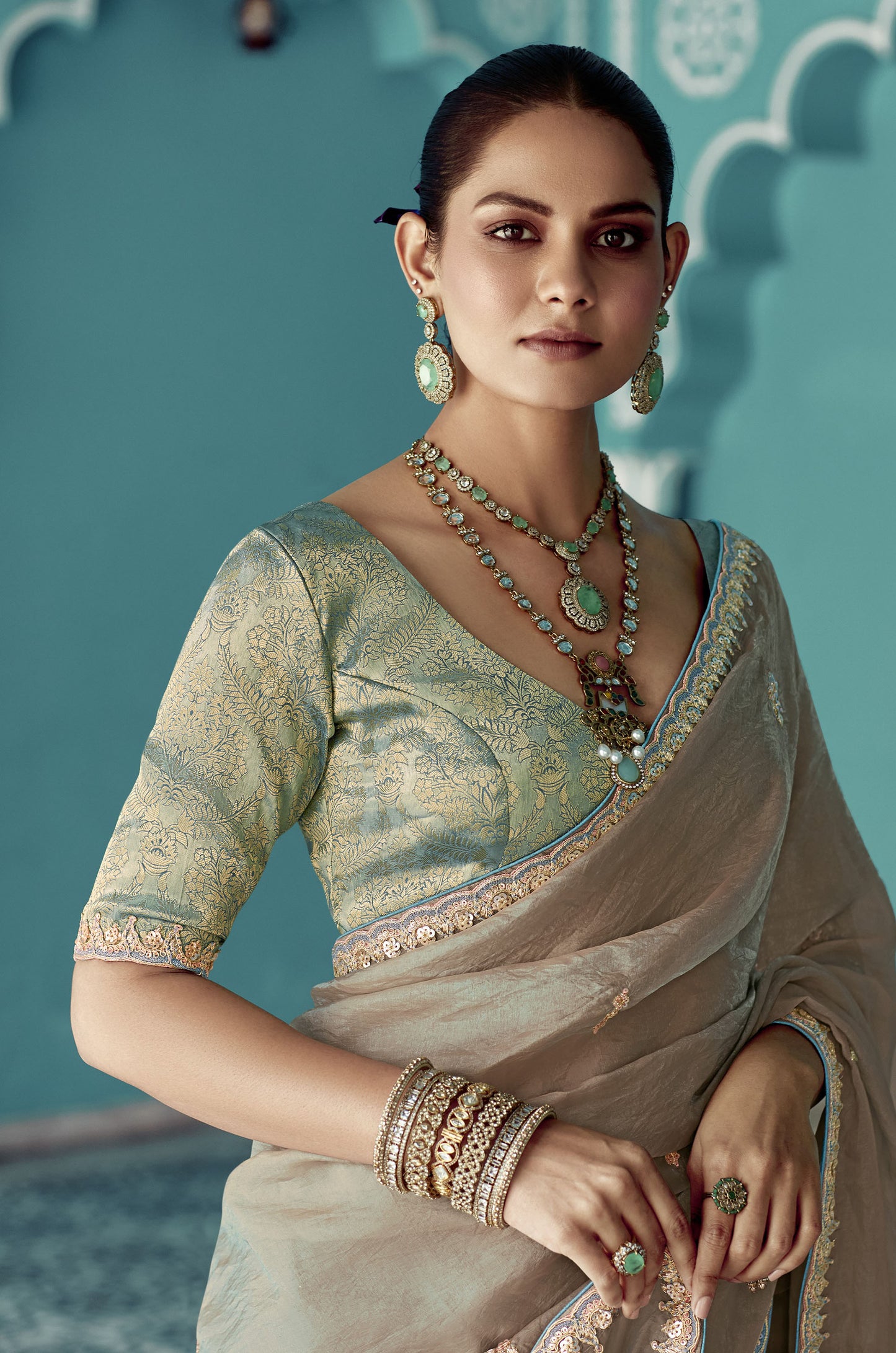 Grey Glass tissue Organza & Crush Moti Embroidered Festive Amber Saree