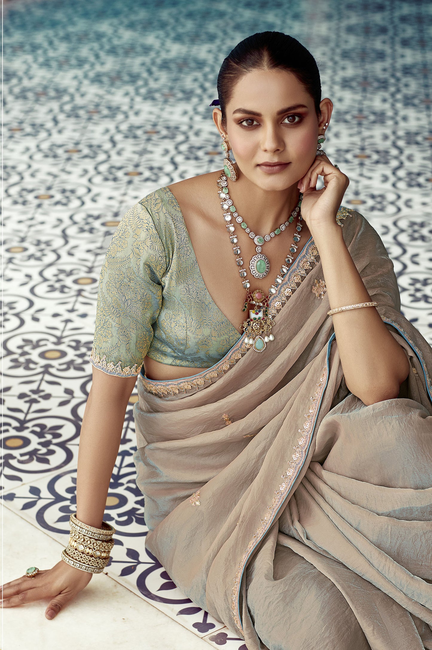 Grey Glass tissue Organza & Crush Moti Embroidered Festive Amber Saree