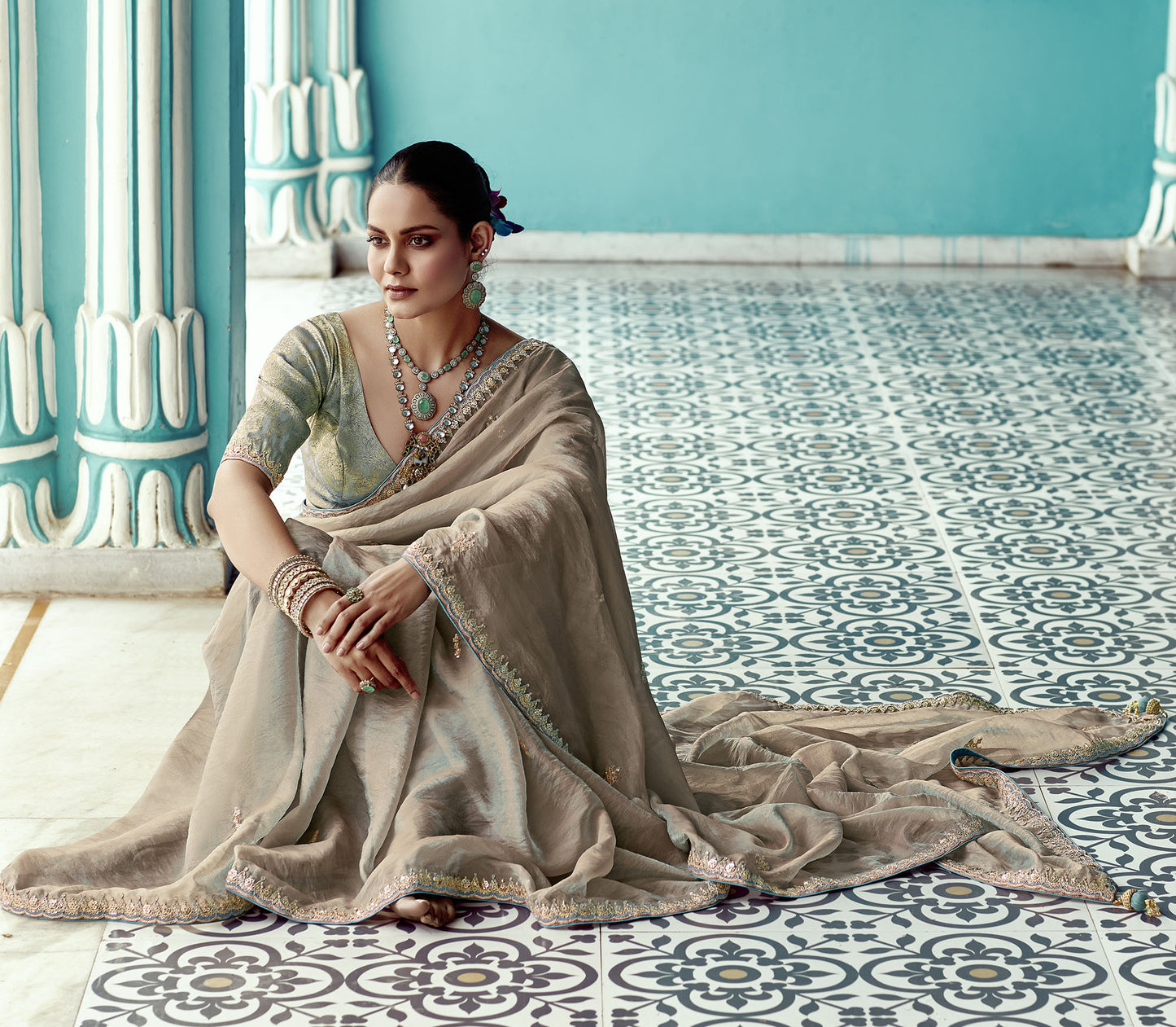 Grey Glass tissue Organza & Crush Moti Embroidered Festive Amber Saree