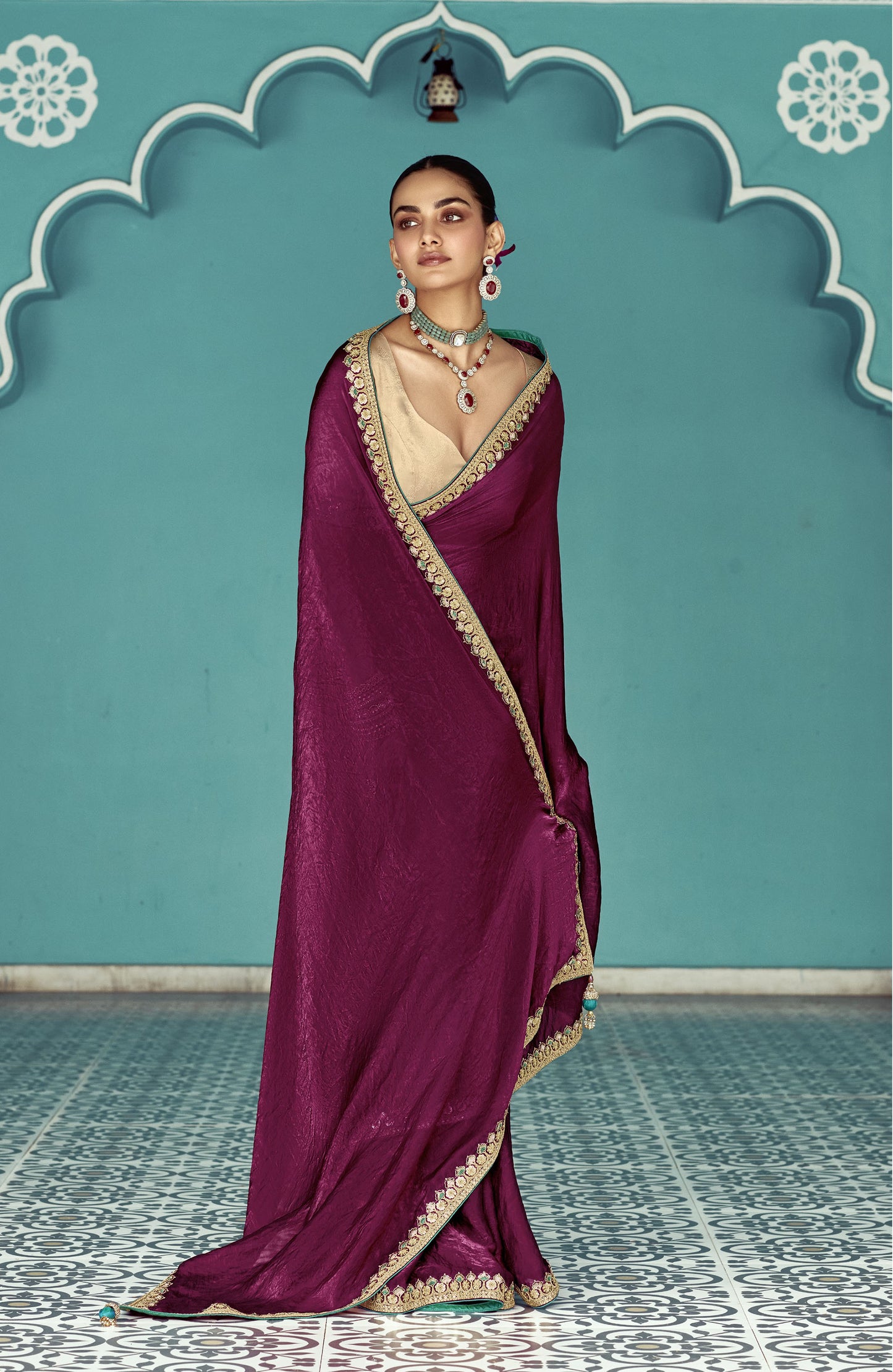 Wine Glass tissue Organza & Crush Moti Embroidered Festive Amber Saree