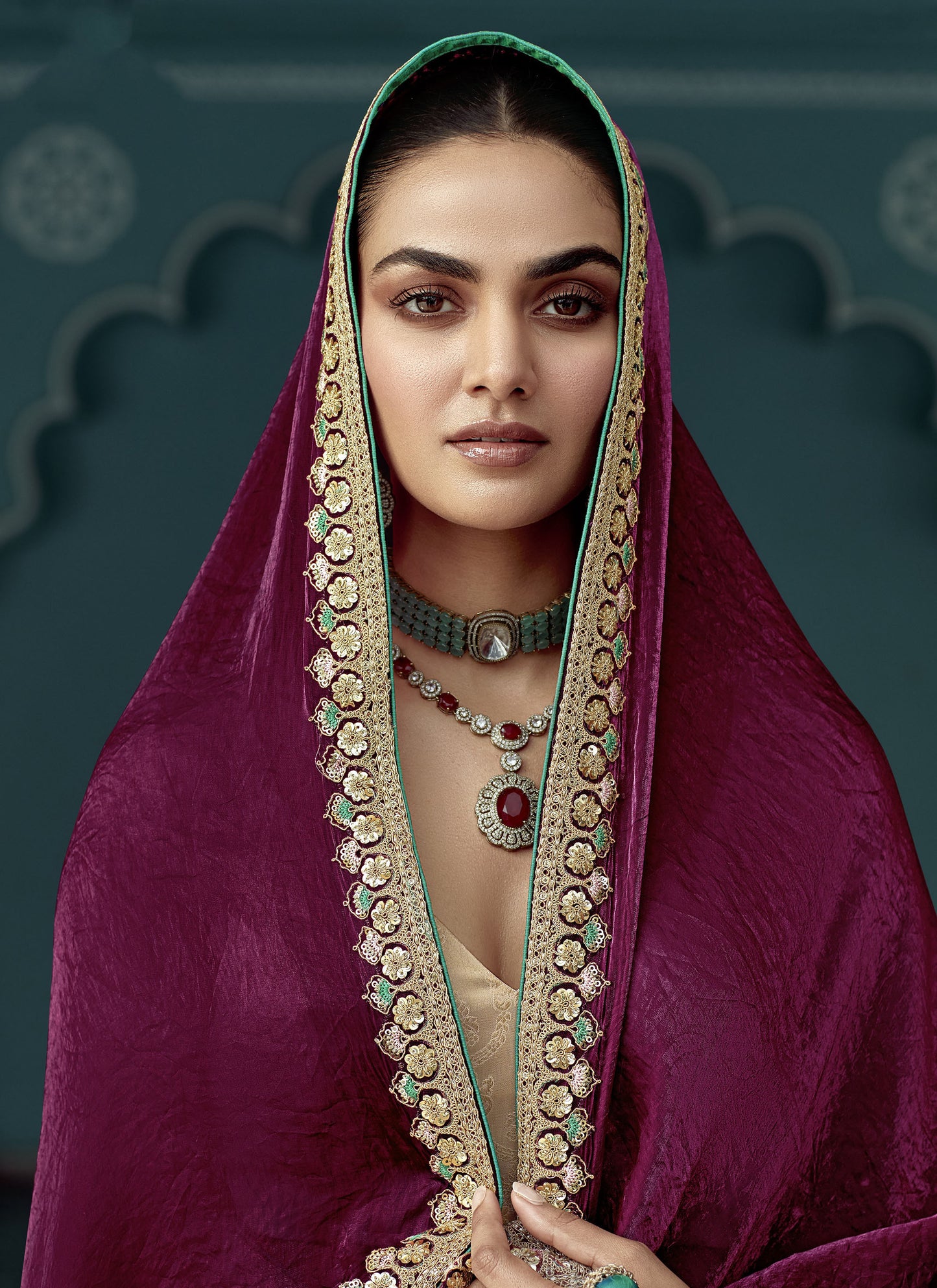 Wine Glass tissue Organza & Crush Moti Embroidered Festive Amber Saree