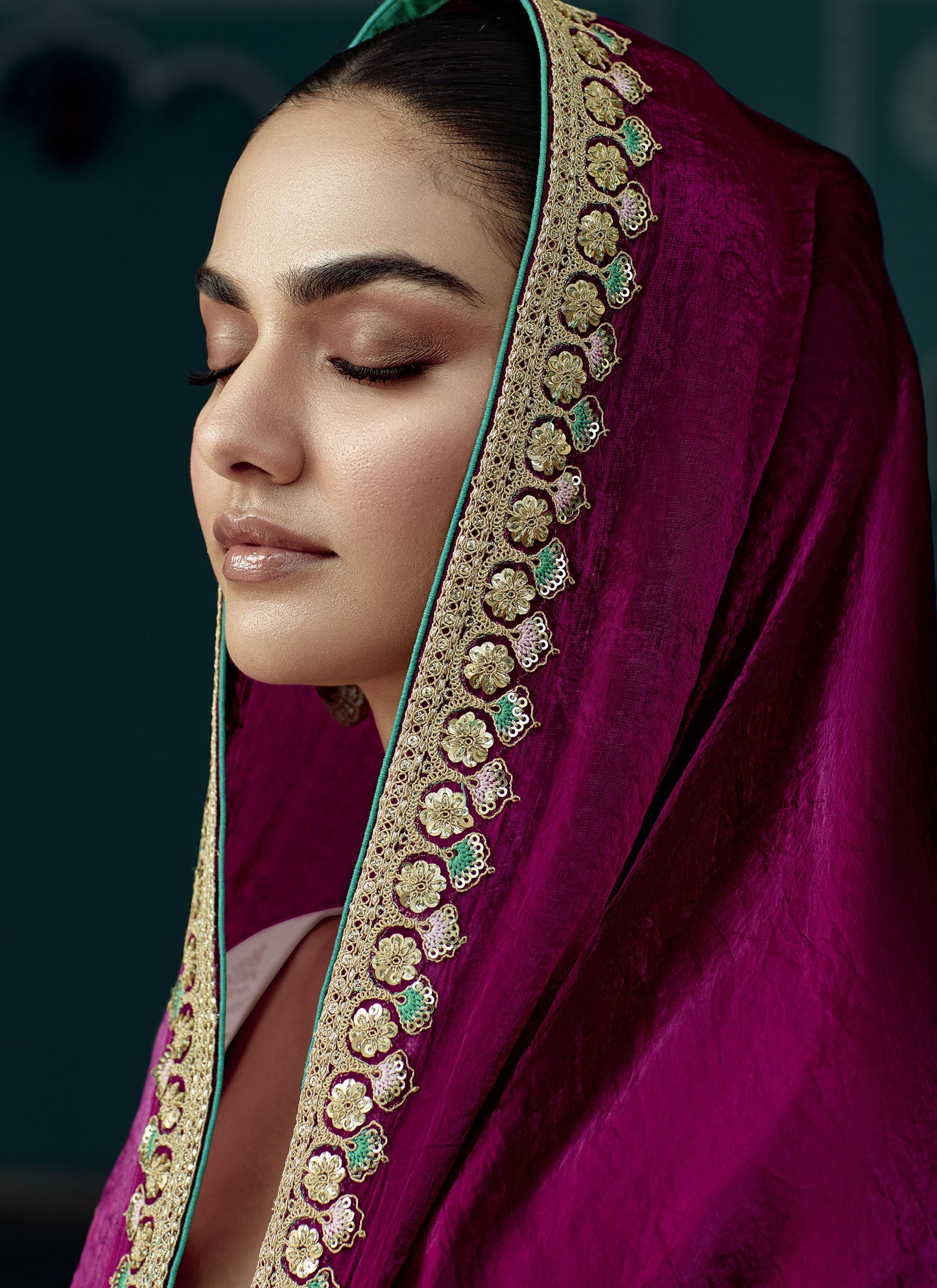 Wine Glass tissue Organza & Crush Moti Embroidered Festive Amber Saree