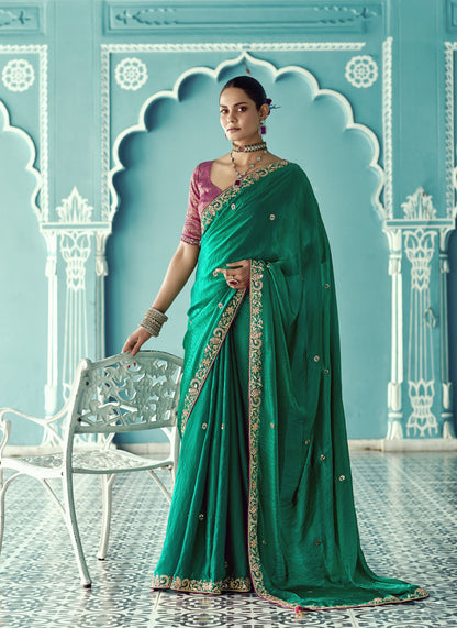 Dark Green Glass tissue Organza & Crush Moti Embroidered Festive Amber Saree