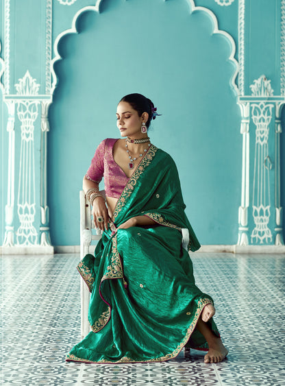 Dark Green Glass tissue Organza & Crush Moti Embroidered Festive Amber Saree