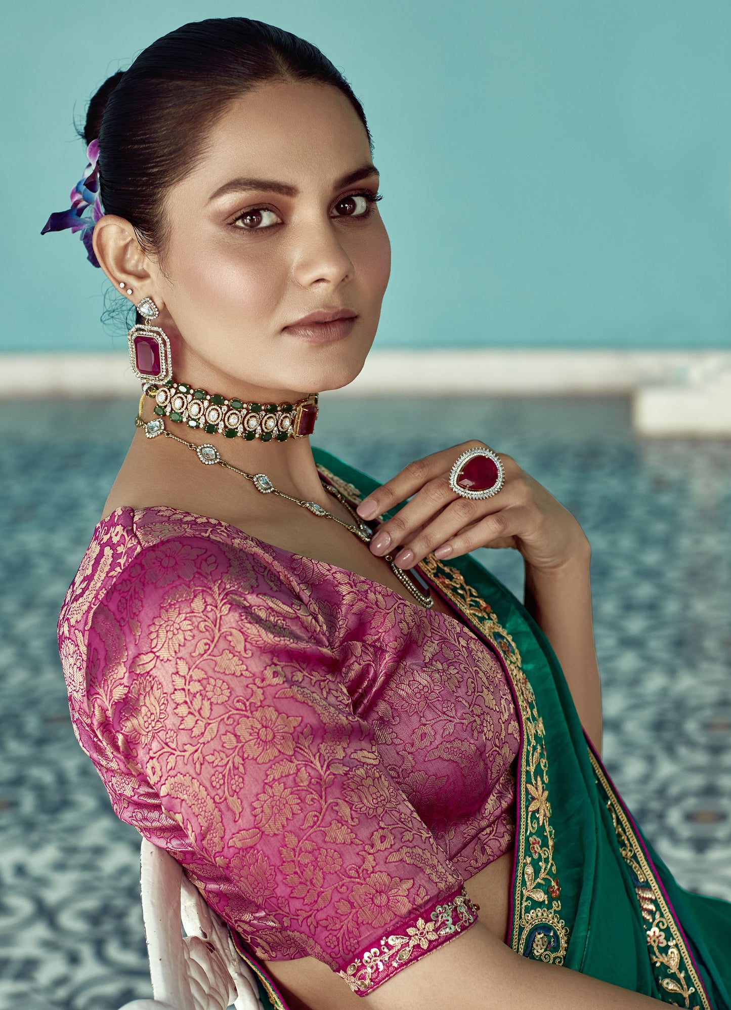 Dark Green Glass tissue Organza & Crush Moti Embroidered Festive Amber Saree