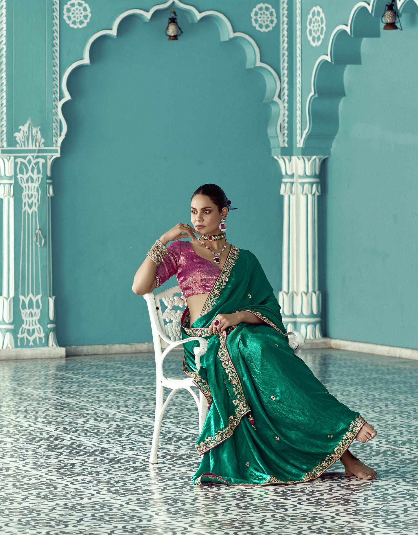 Dark Green Glass tissue Organza & Crush Moti Embroidered Festive Amber Saree