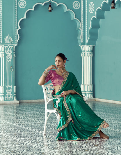 Dark Green Glass tissue Organza & Crush Moti Embroidered Festive Amber Saree