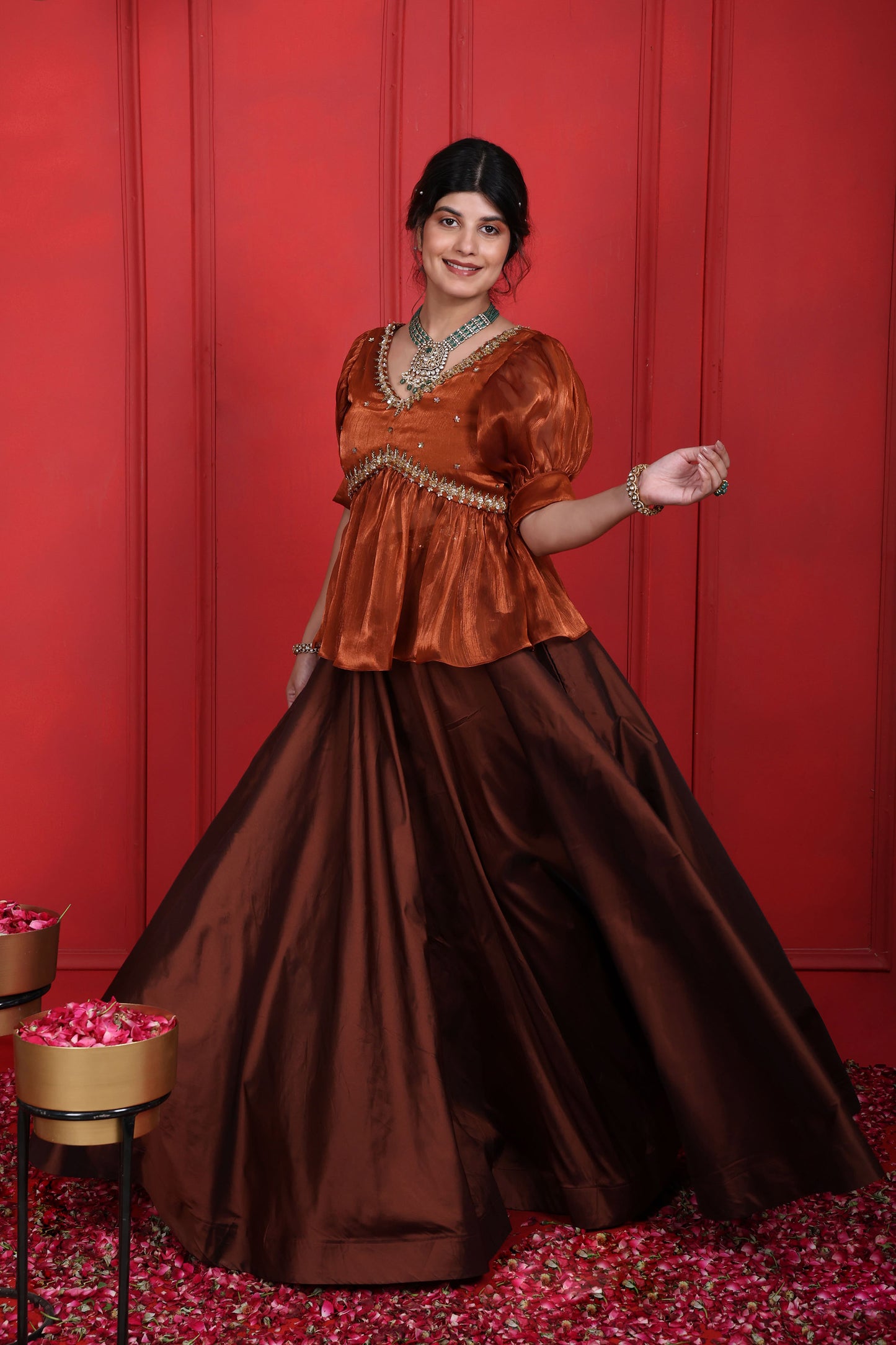 Rust Brown & Brown Derby Peplum Blouse With Long Skirt