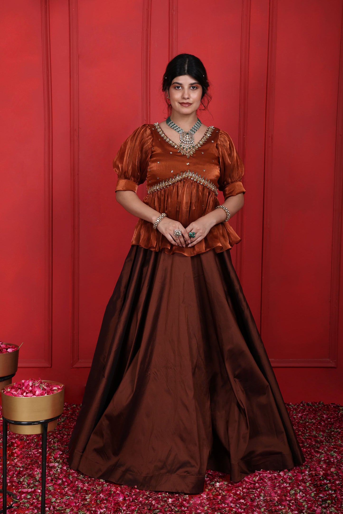 Rust Brown & Brown Derby Peplum Blouse With Long Skirt