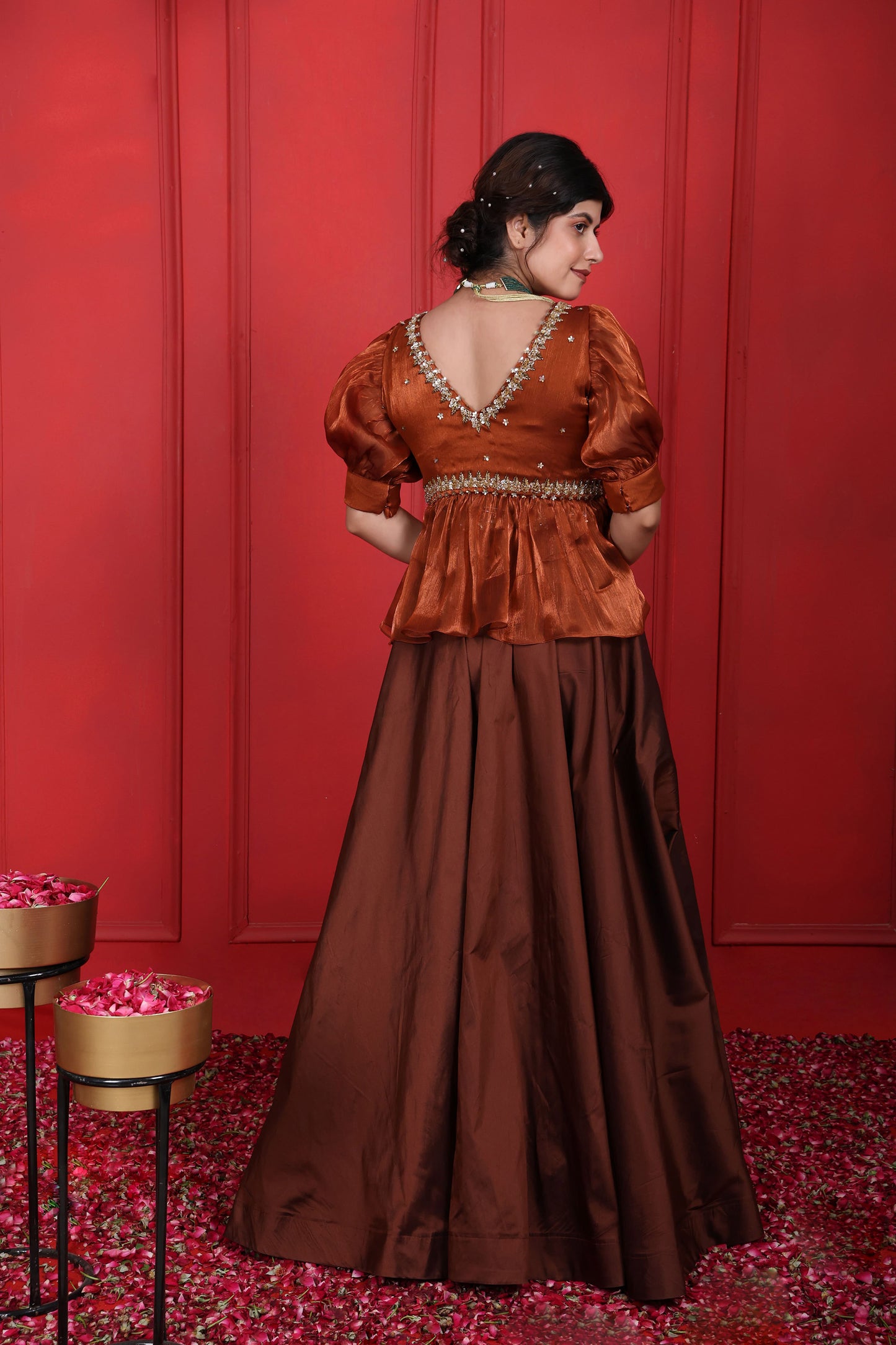Rust Brown & Brown Derby Peplum Blouse With Long Skirt