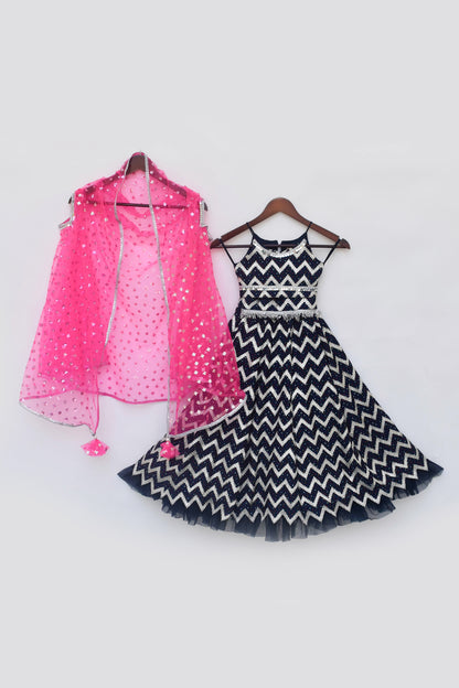 Hot Pink Cape with Dark Blue Lehenga Choli