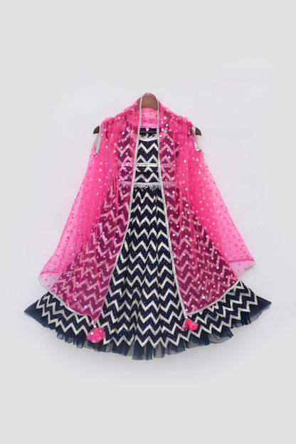 Hot Pink Cape with Dark Blue Lehenga Choli