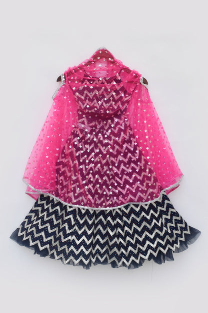 Hot Pink Cape with Dark Blue Lehenga Choli