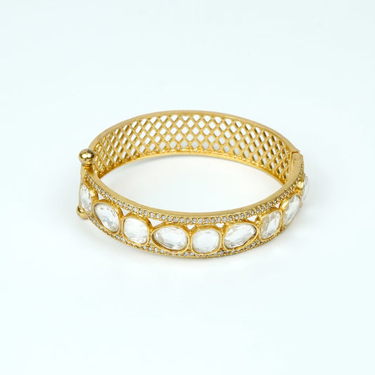 Zevar Club 22K Gold-Plated Handcrafted Kundan & Zirconia Studded Openable Bangle-Style Bracelet with Textured Mesh Design