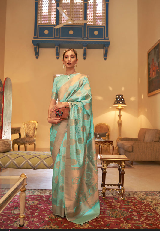 Turquoise Kshwetambari Copper Zari Handloom Saree