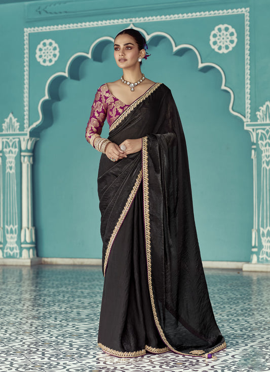 Black Glass tissue Organza & Crush Moti Embroidered Festive Amber Saree