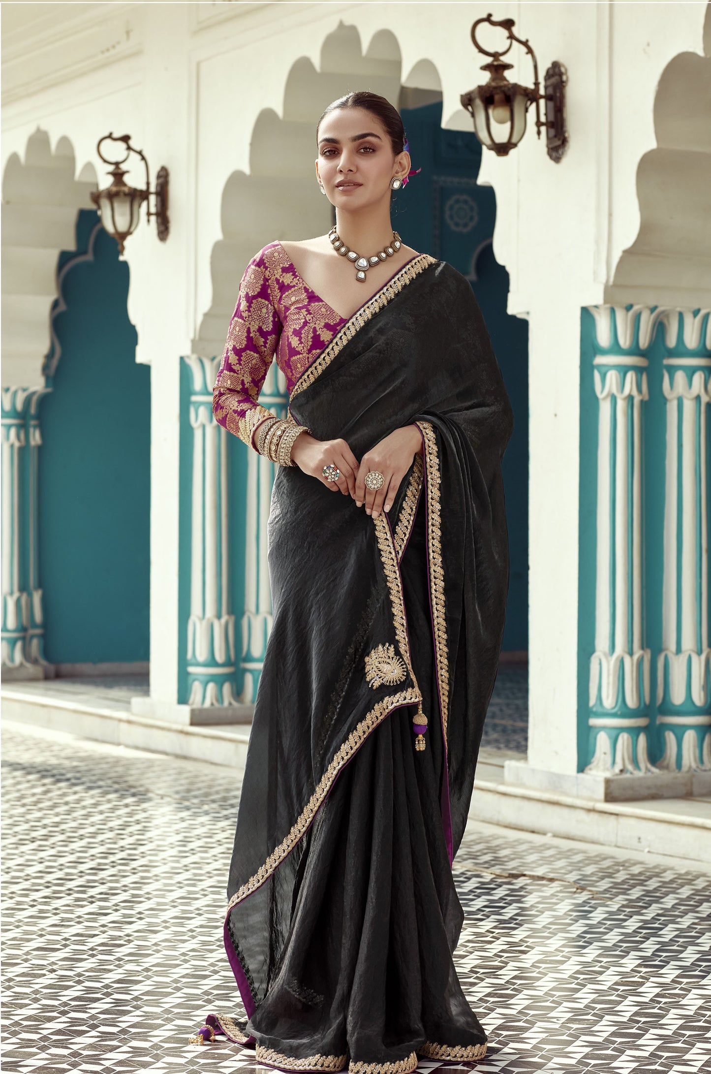 Black Glass tissue Organza & Crush Moti Embroidered Festive Amber Saree