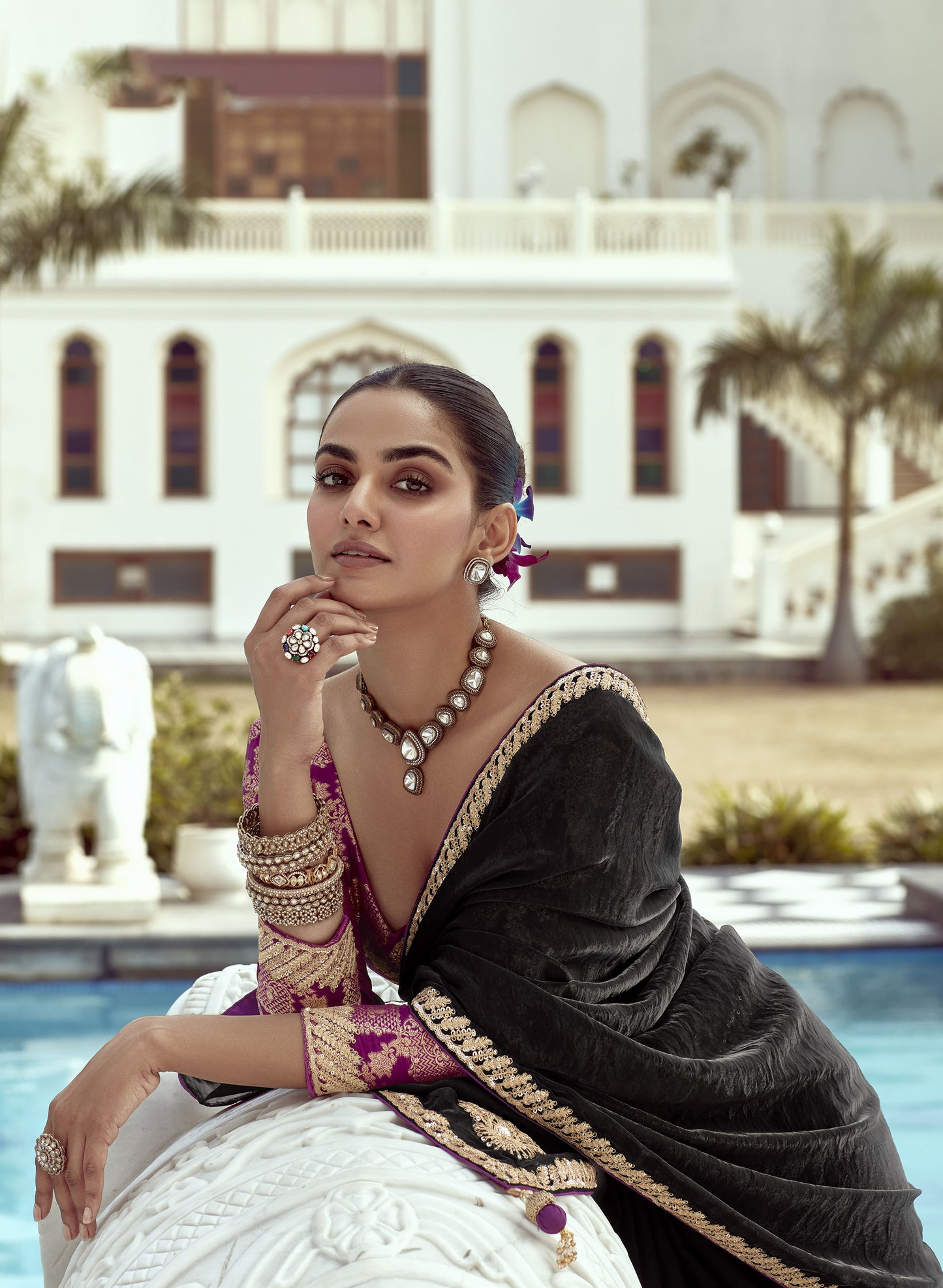 Black Glass tissue Organza & Crush Moti Embroidered Festive Amber Saree