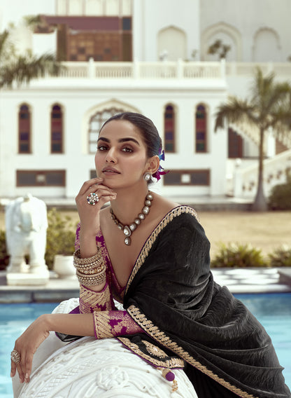 Black Glass tissue Organza & Crush Moti Embroidered Festive Amber Saree