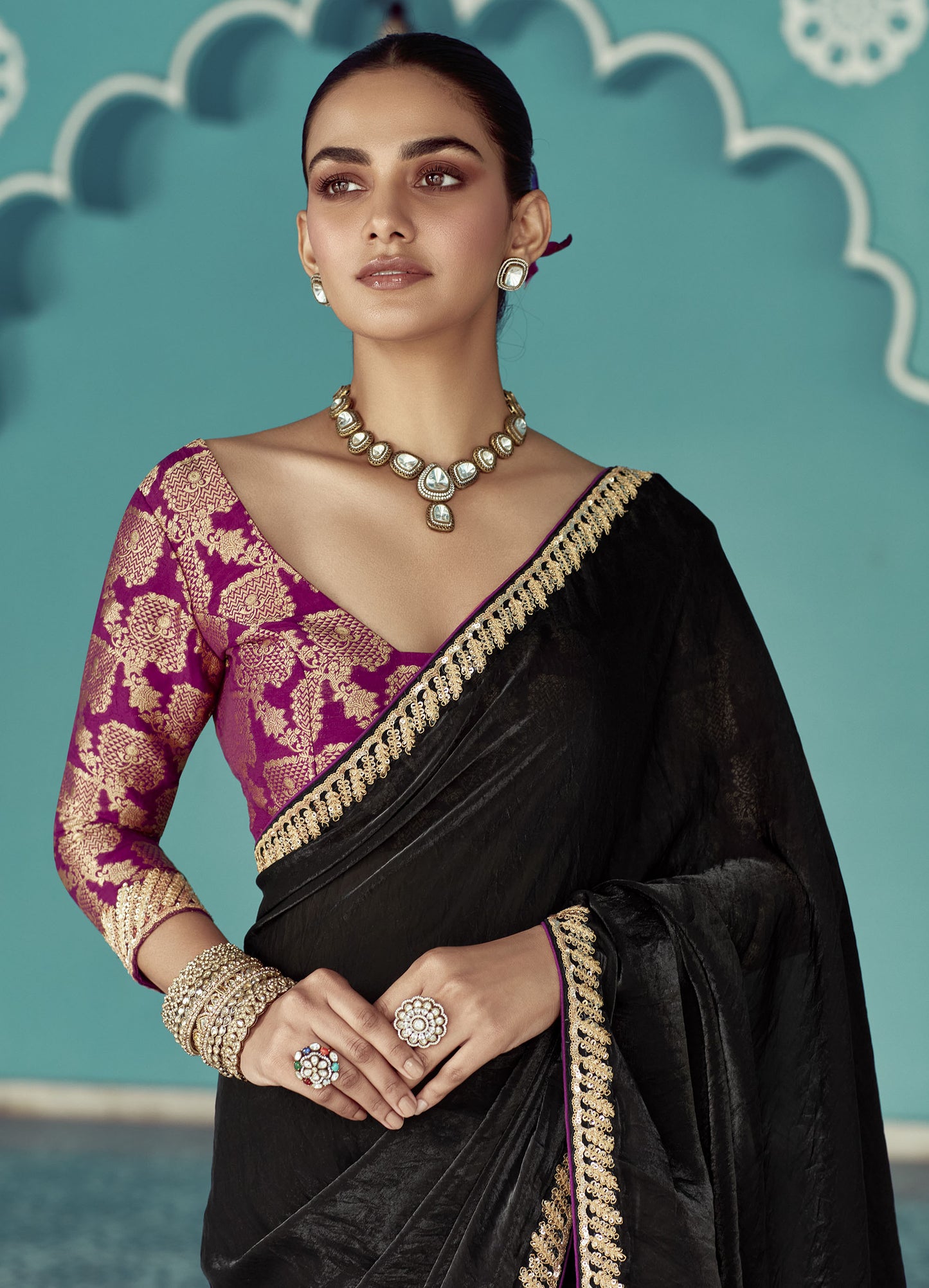 Black Glass tissue Organza & Crush Moti Embroidered Festive Amber Saree