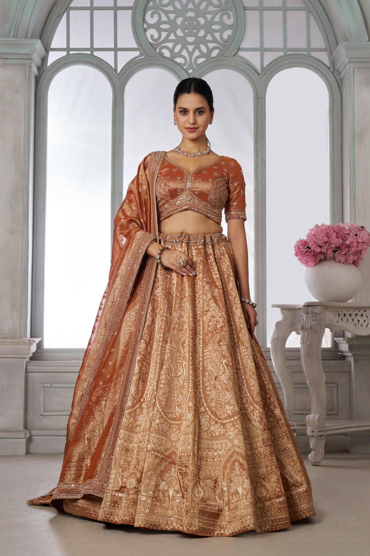 Rust Orange Zari Tissue Beaded Embroidery Sangeet Lehenga