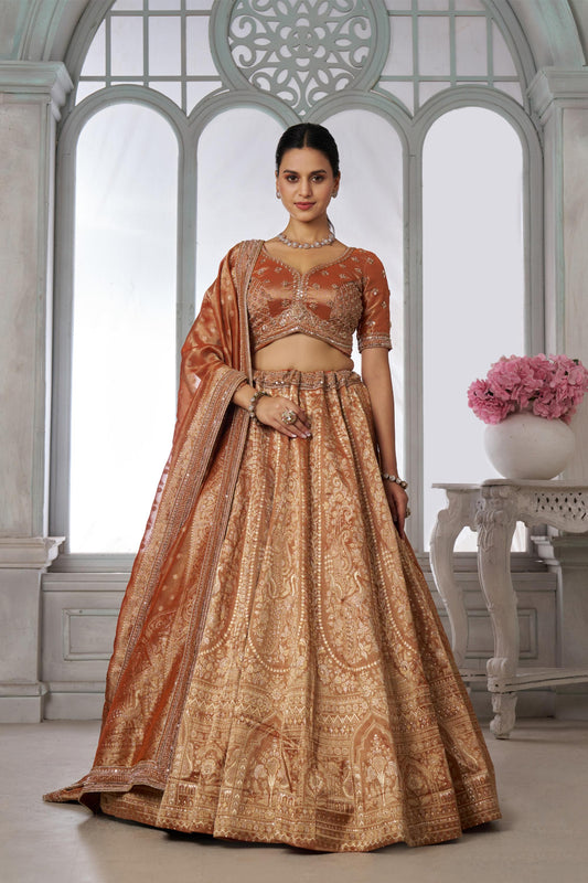 Rust Orange Zari Tissue Beaded Embroidery Sangeet Lehenga