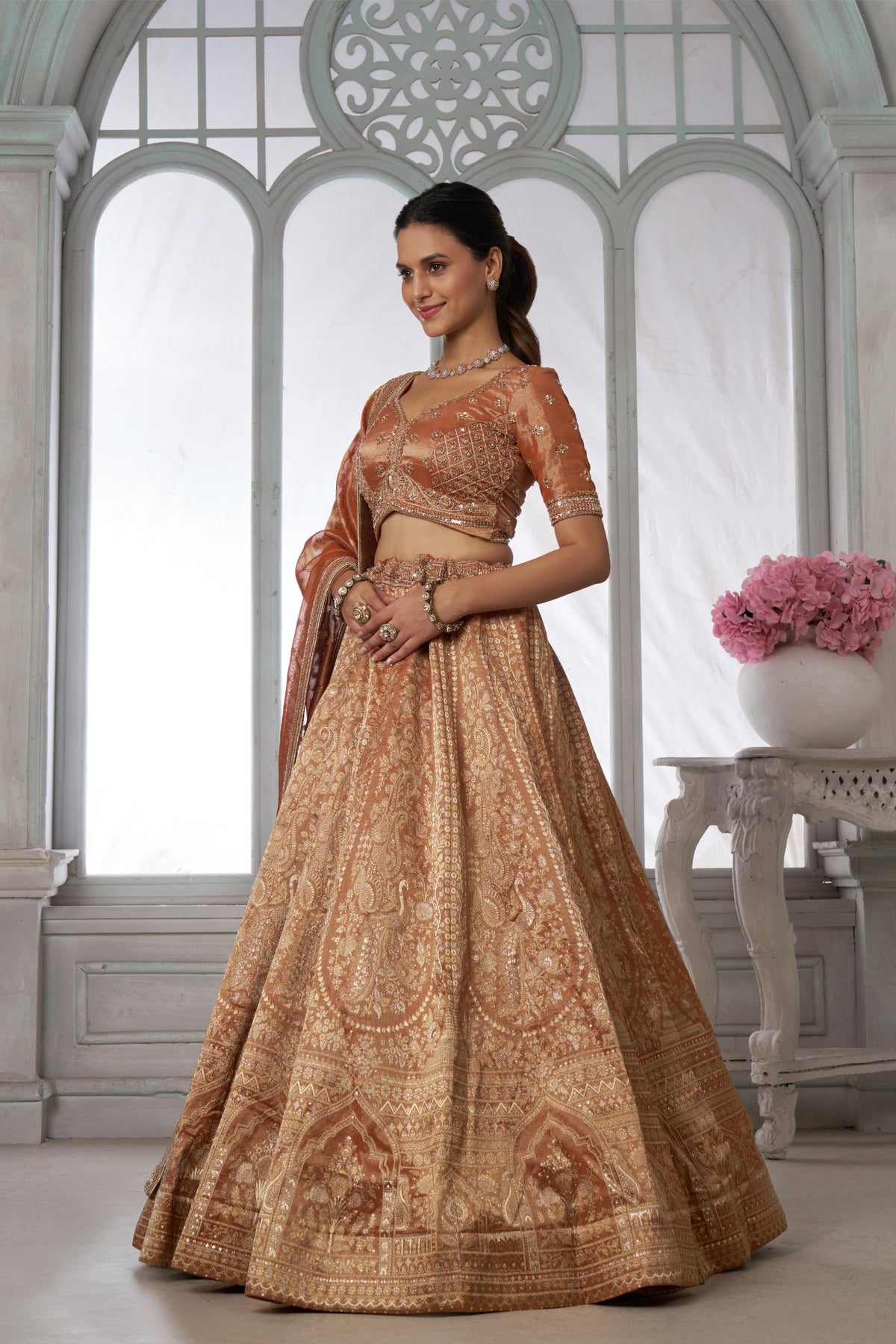 Rust Orange Zari Tissue Beaded Embroidery Sangeet Lehenga