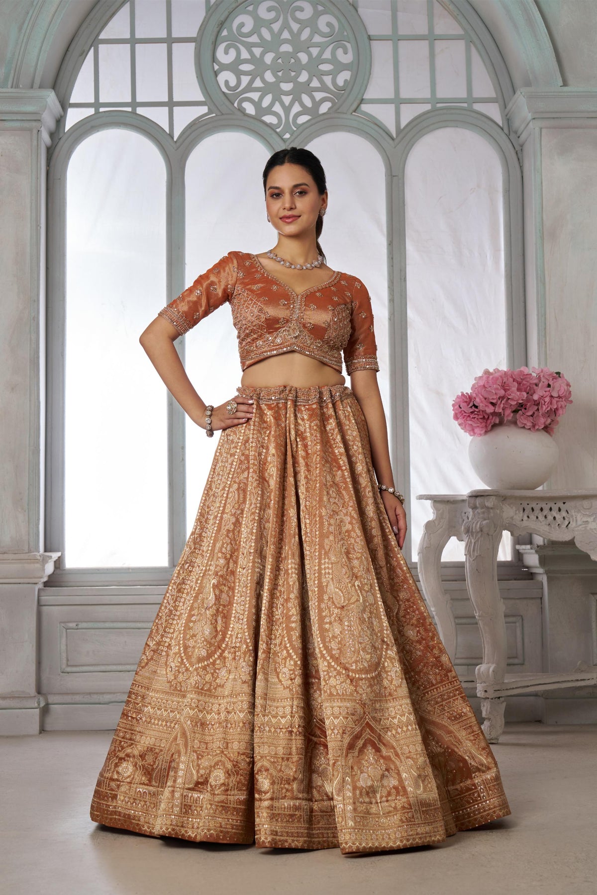 Rust Orange Zari Tissue Beaded Embroidery Sangeet Lehenga