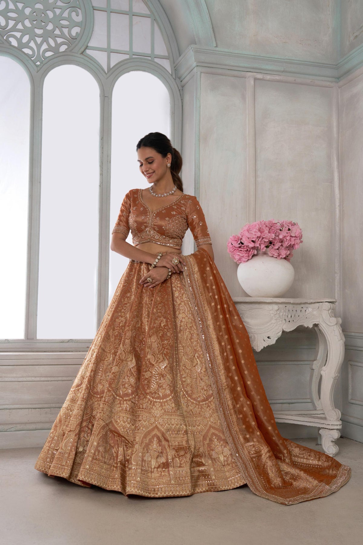 Rust Orange Zari Tissue Beaded Embroidery Sangeet Lehenga