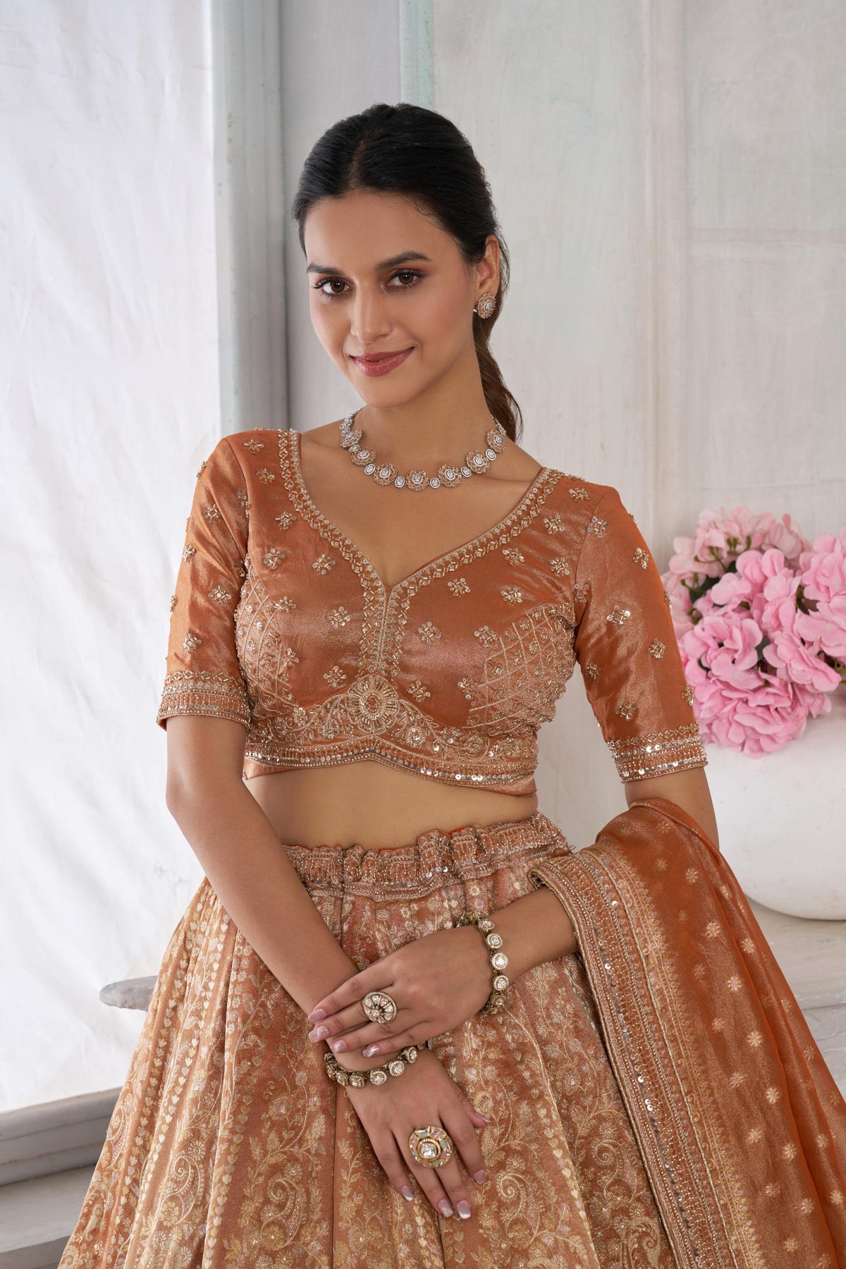 Rust Orange Zari Tissue Beaded Embroidery Sangeet Lehenga