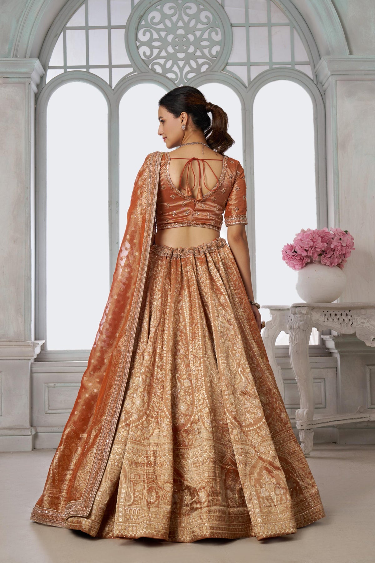 Rust Orange Zari Tissue Beaded Embroidery Sangeet Lehenga