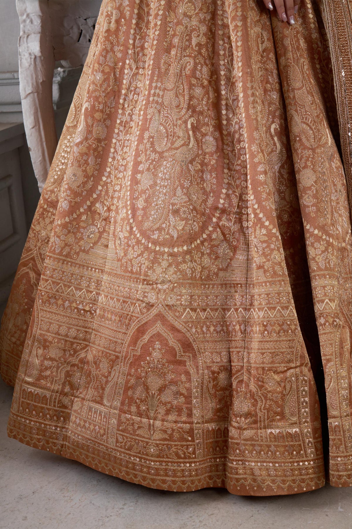 Rust Orange Zari Tissue Beaded Embroidery Sangeet Lehenga