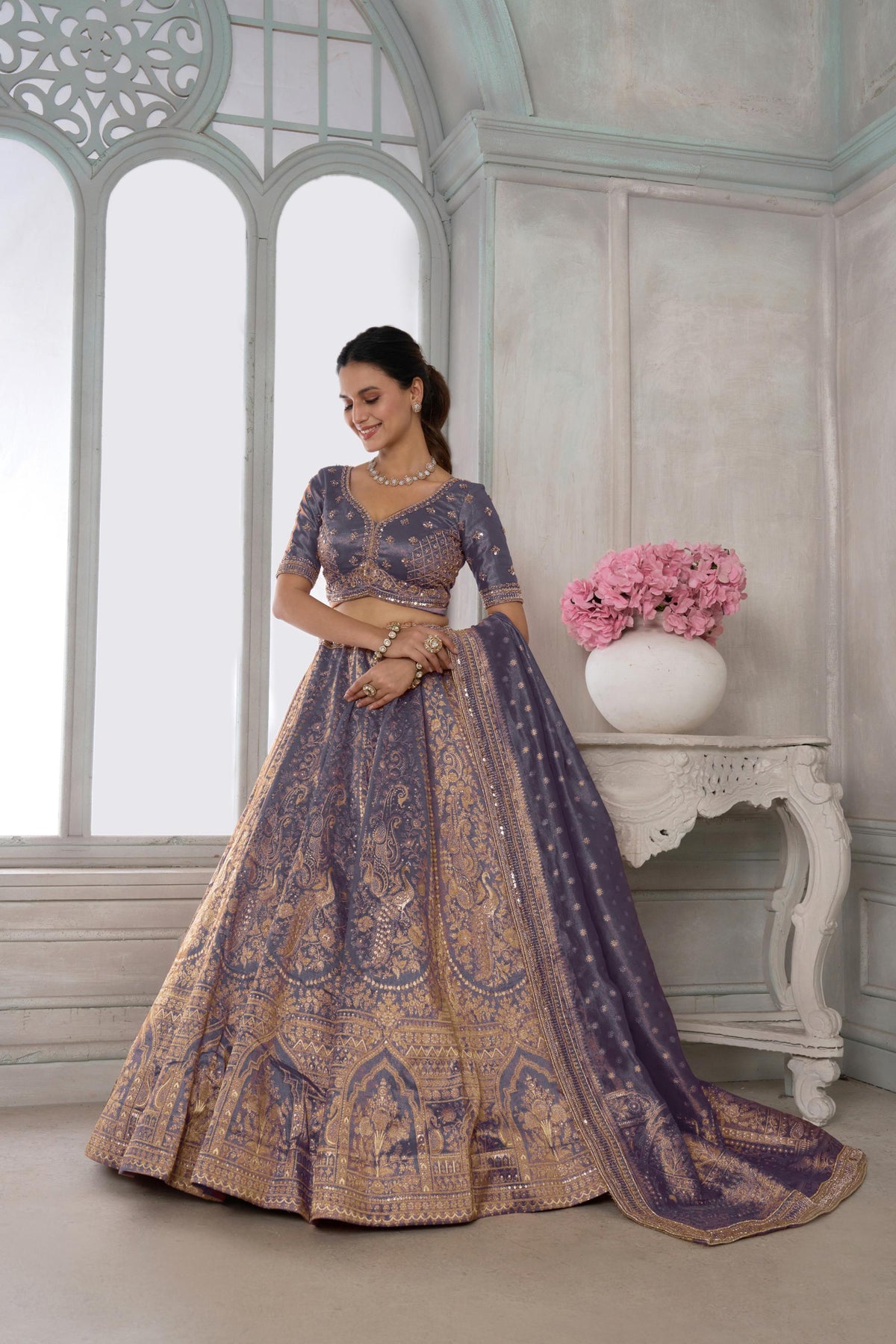 Purple Zari Tissue Beaded Embroidery Sangeet Lehenga