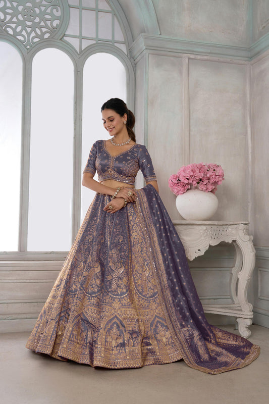 Purple Zari Tissue Beaded Embroidery Sangeet Lehenga
