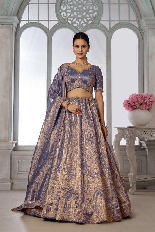 Purple Zari Tissue Beaded Embroidery Sangeet Lehenga