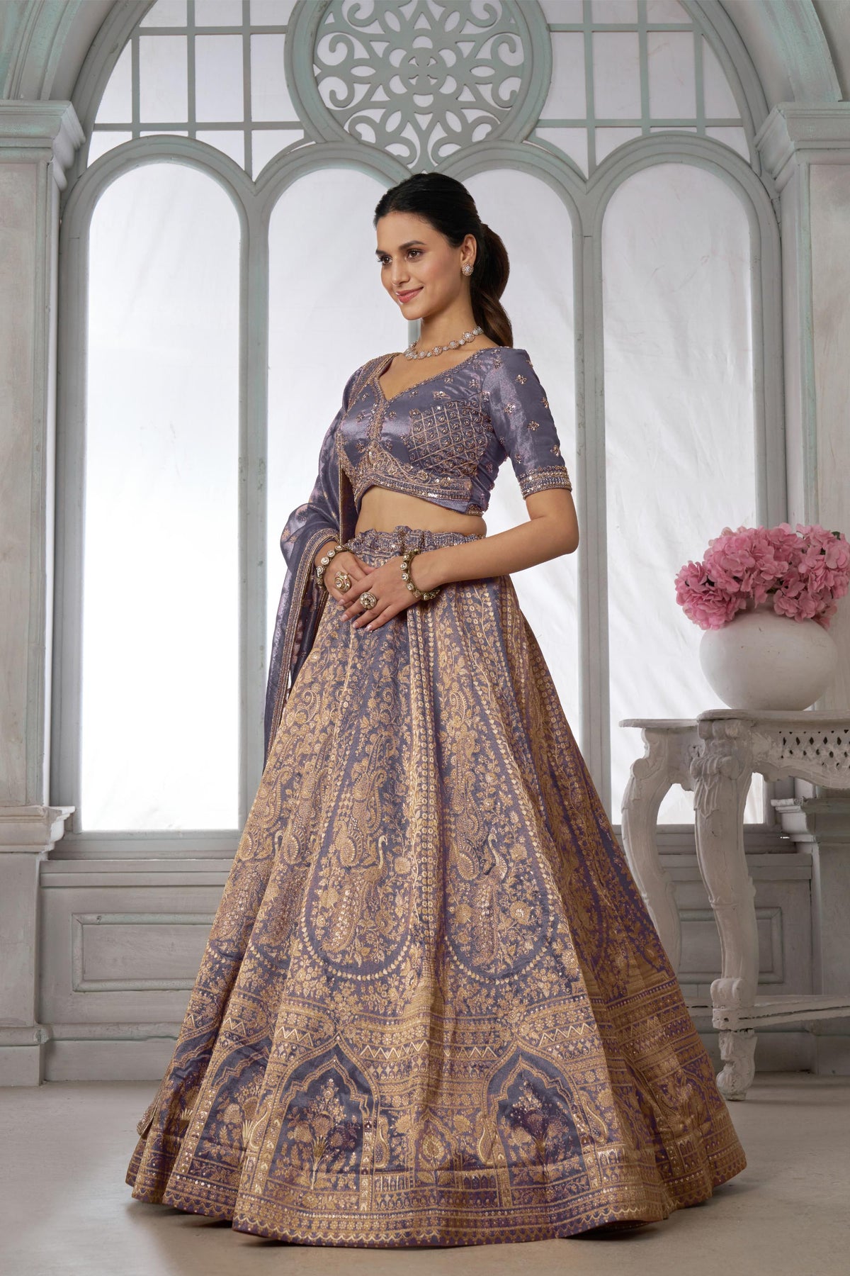 Purple Zari Tissue Beaded Embroidery Sangeet Lehenga