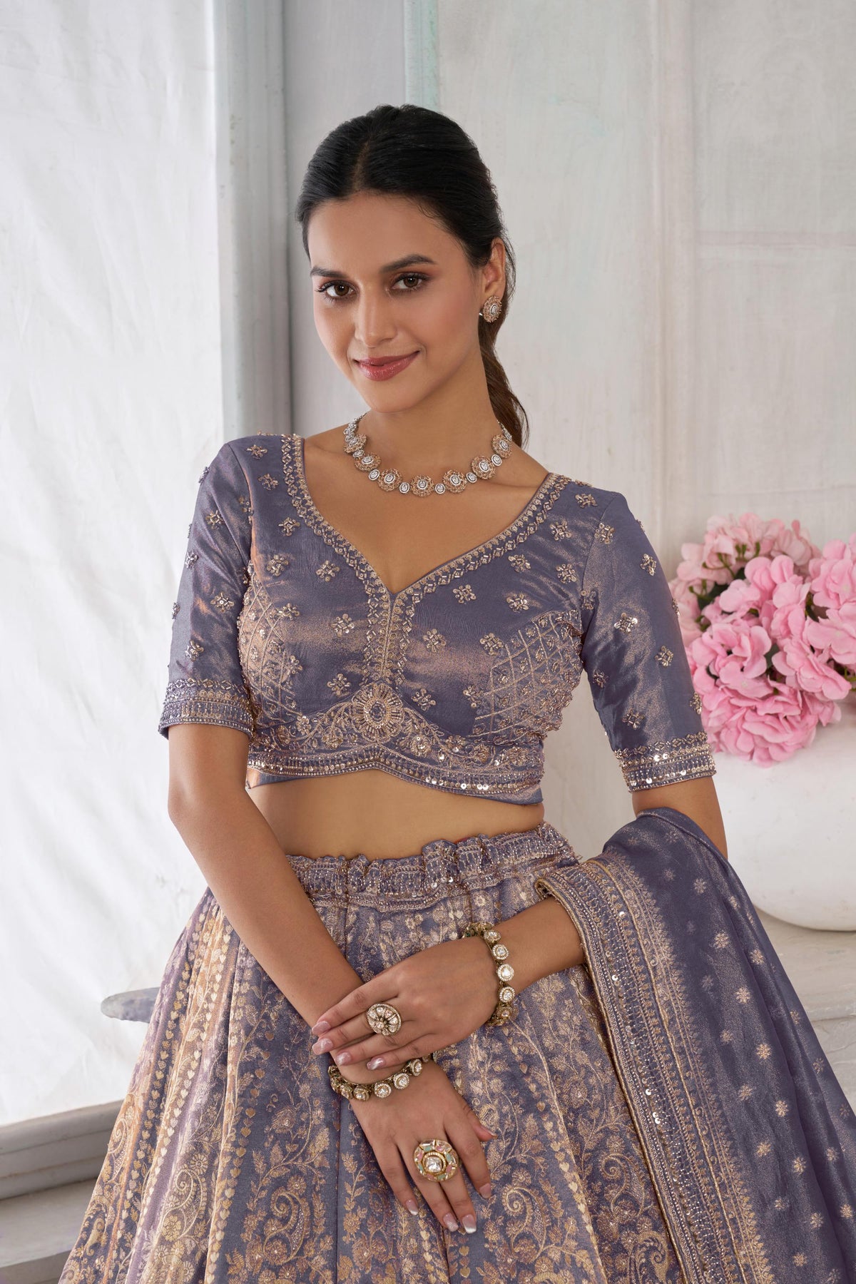 Purple Zari Tissue Beaded Embroidery Sangeet Lehenga