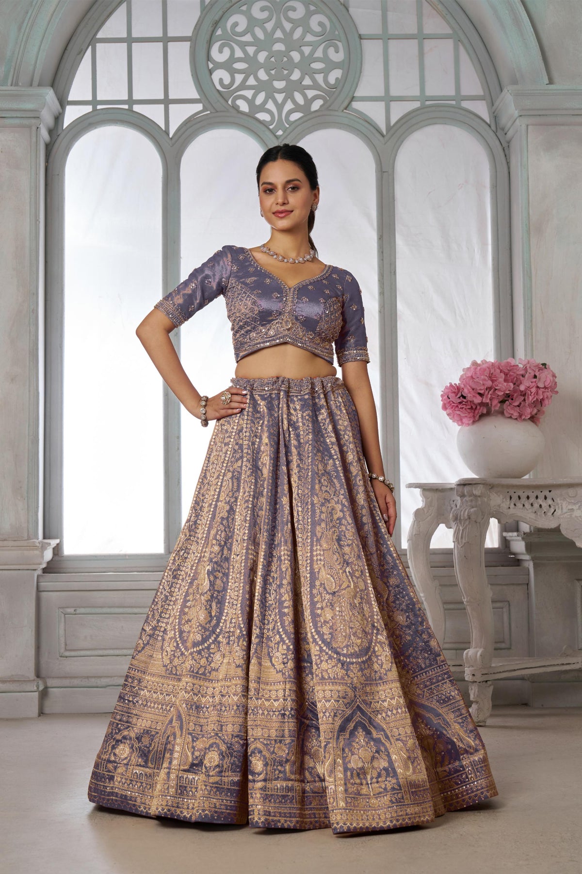 Purple Zari Tissue Beaded Embroidery Sangeet Lehenga