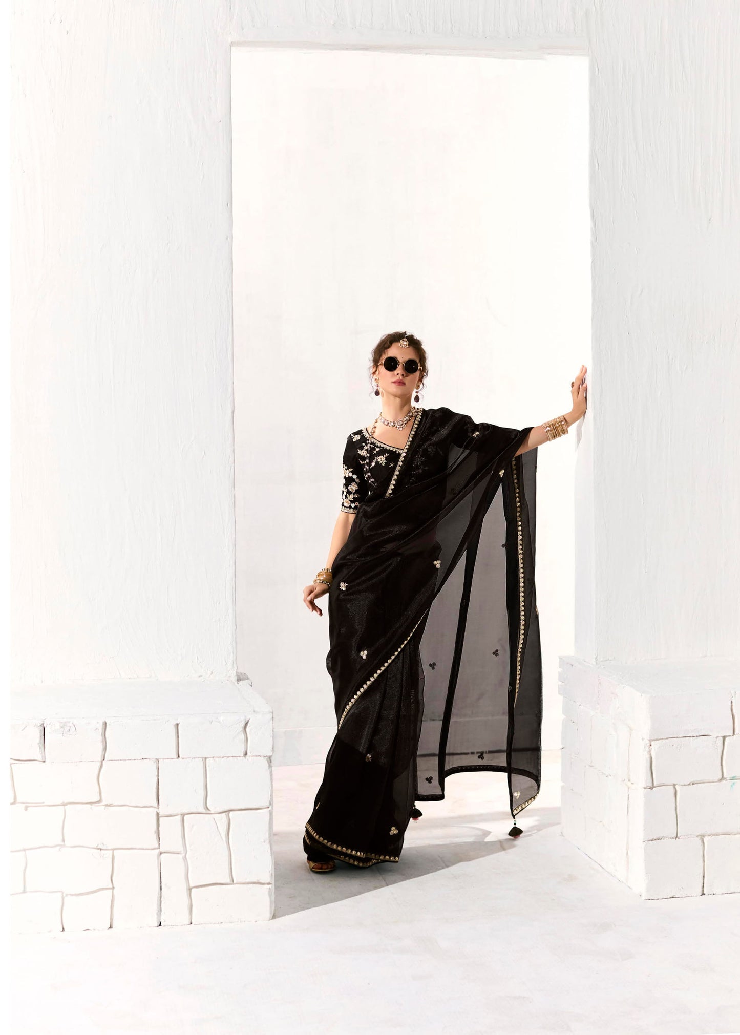 Black Organza Tissue Heavy butta embroidery Designer Runway Saree