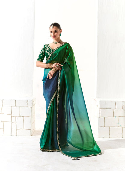 Dark Green Organza Tissue Heavy butta embroidery Designer Runway Saree