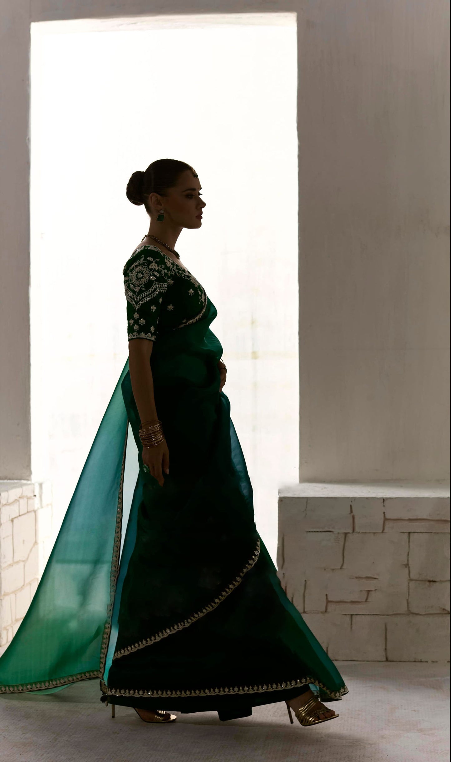 Dark Green Organza Tissue Heavy butta embroidery Designer Runway Saree