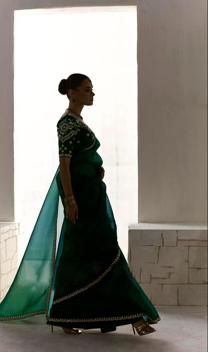 Dark Green Organza Tissue Heavy butta embroidery Designer Runway Saree
