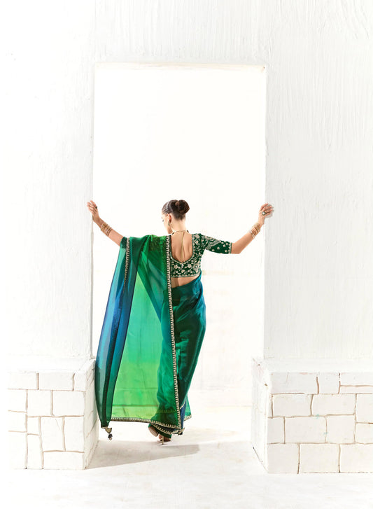 Dark Green Organza Tissue Heavy butta embroidery Designer Runway Saree